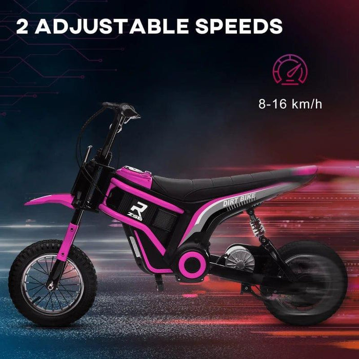 An Electric Dirt Bike with Twist Grip Throttle, Music, Horn and 12" Pneumatic Tyres 24V in Pink by HOMCOM with black and pink coloring, perfect as a kids motorbike. It features two adjustable speed settings ranging from 8 to 16 km/h and is powered by a 24V electric bike system. The background showcases a digital, tech-themed design, with text at the top reading "2 ADJUSTABLE SPEEDS.