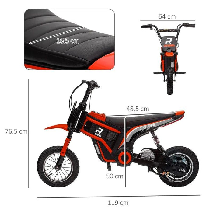 Image of a red and black HOMCOM Electric Dirt Bike with Twist Grip Throttle, Music, Horn, and 12" Pneumatic Tyres 24V in Red with dimensions labeled. This 24V Motor Kids Motorbike measures 119 cm in length, 76.5 cm in height, and has a handlebar width of 64 cm. The seat length is 16.5 cm, and the distance from the ground to the seat is 50 cm. The wheelbase is 48.5 cm