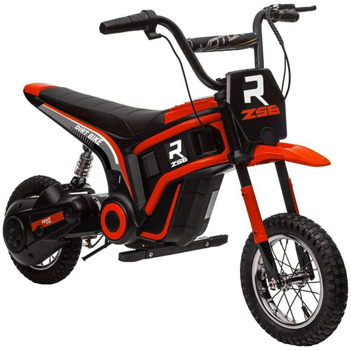 A small kids motorbike with black and red colors featuring a powerful 24V motor. The Electric Dirt Bike with Twist Grip Throttle, Music, Horn and 12" Pneumatic Tyres 24V in Red by HOMCOM has knobby tires, a padded seat, and a front number plate bearing the letters R and the logo ZS6. The frame and handlebars are black, with red accents on the seat, frame, and front plate.