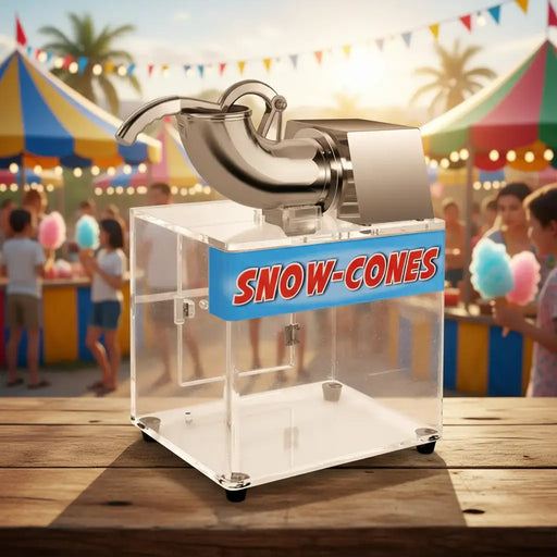 Snow cone machine at a carnival with people and cotton candy in the background