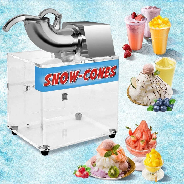Snow cone machine with various ice cream and fruit toppings on a blue background