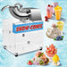 Snow cone machine with various ice cream and fruit toppings on a blue background