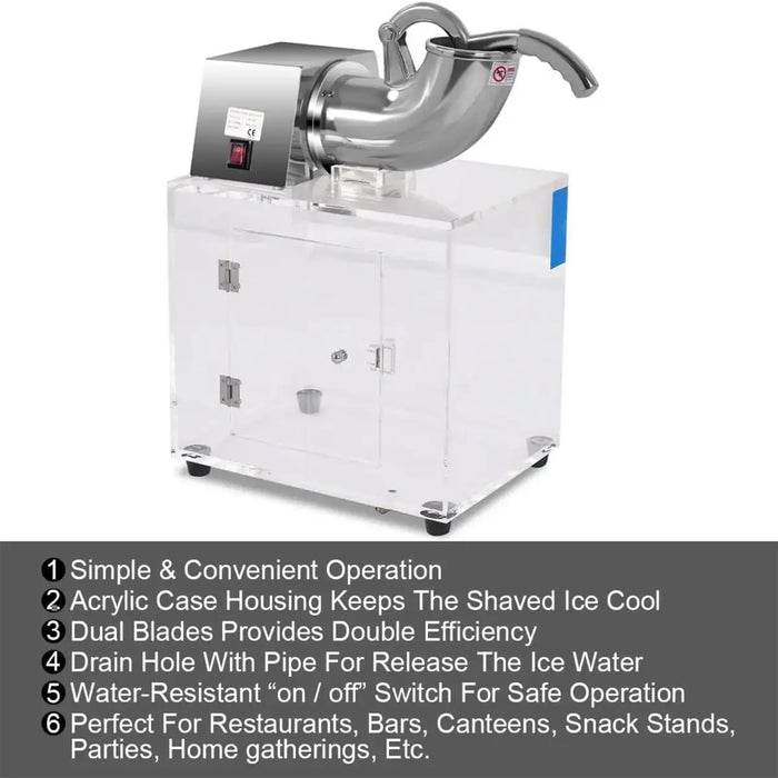 Shaved ice machine with features listed below on a white background