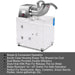 Shaved ice machine with features listed below on a white background