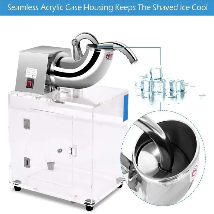 Shaved ice machine with transparent acrylic casing and close-up of the scoop.