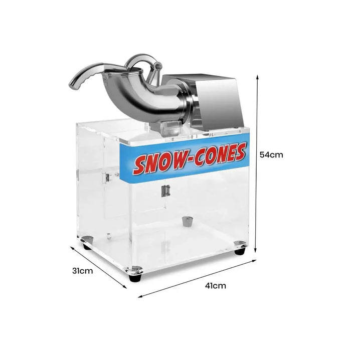 Snow cone machine with dimensions on a white background
