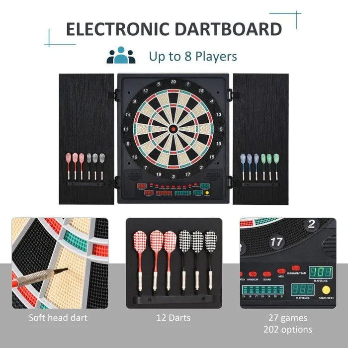 Electronic LED dartboard with cabinet, 12 soft tip darts, digital display, for 8 players