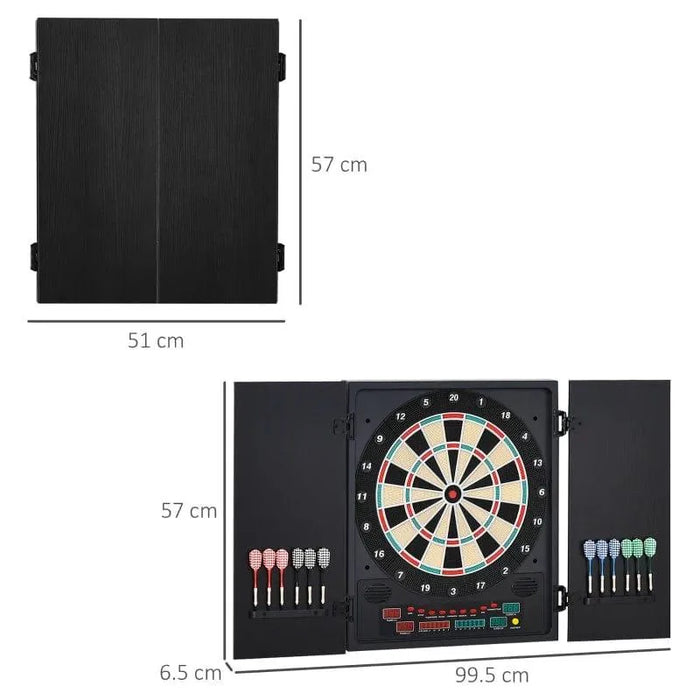 Electronic LED dartboard with cabinet doors, darts, and dimensions in centimeters.