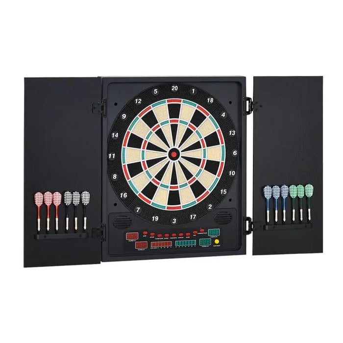 Electronic LED dartboard with cabinet doors, darts, and digital score display