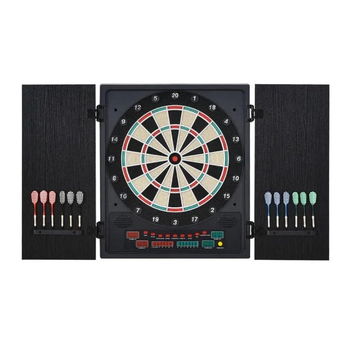 Electronic LED dartboard with cabinet, 12 darts, digital scoring, and control panel