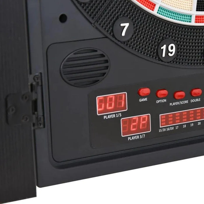Close-up of electronic LED dartboard with digital score display and control buttons