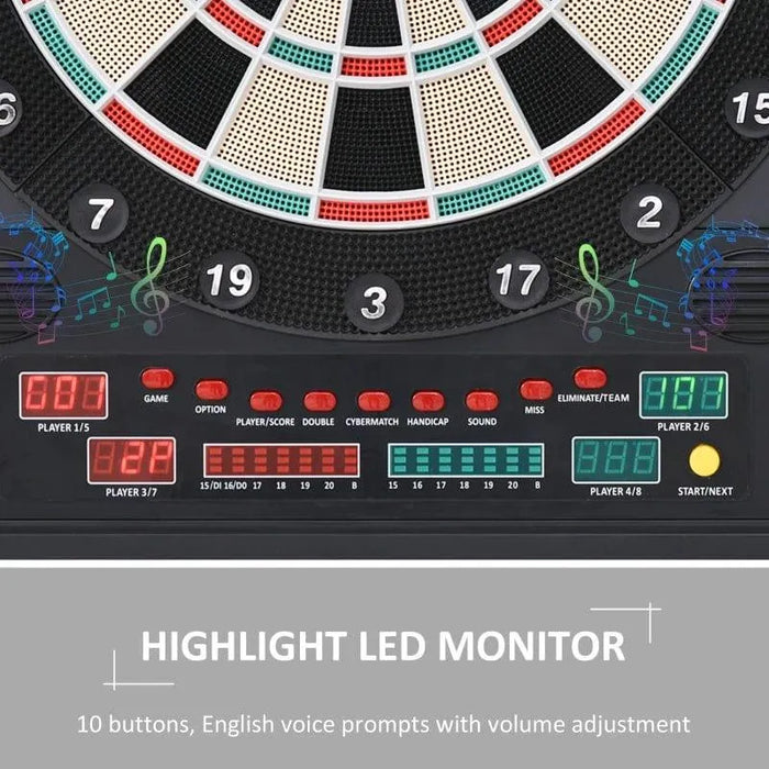 Electronic LED dartboard with cabinet, digital display, and game control buttons
