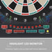 Electronic LED dartboard with cabinet, digital display, and game control buttons