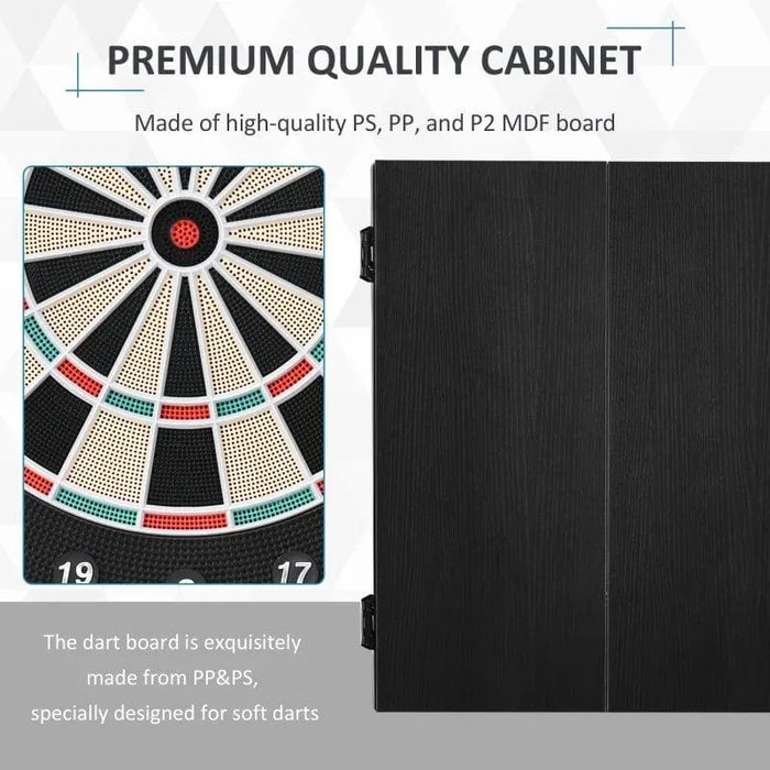 Electronic LED dartboard with cabinet doors and soft dartboard close-up