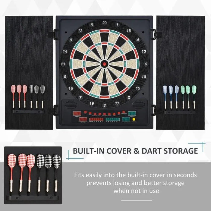 Electronic LED dartboard with cabinet doors, dart storage, and multiple color darts