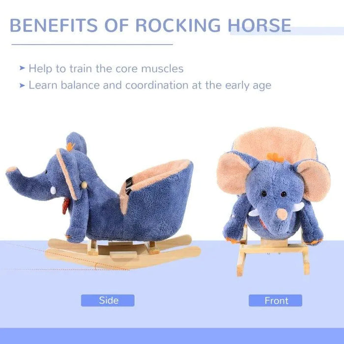 Blue plush elephant rocking horse with wooden base, shown from side and front view
