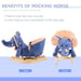 Blue plush elephant rocking horse with wooden base, shown from side and front view