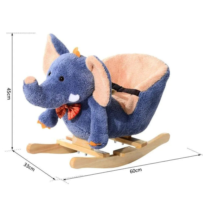 Blue plush elephant rocking horse with wooden base, seatbelt, and measurement dimensions
