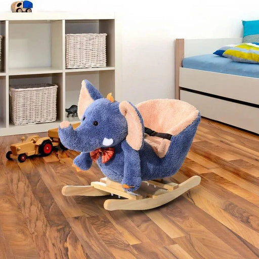 Blue plush elephant rocking horse on wooden base in a child's bedroom with toy storage.
