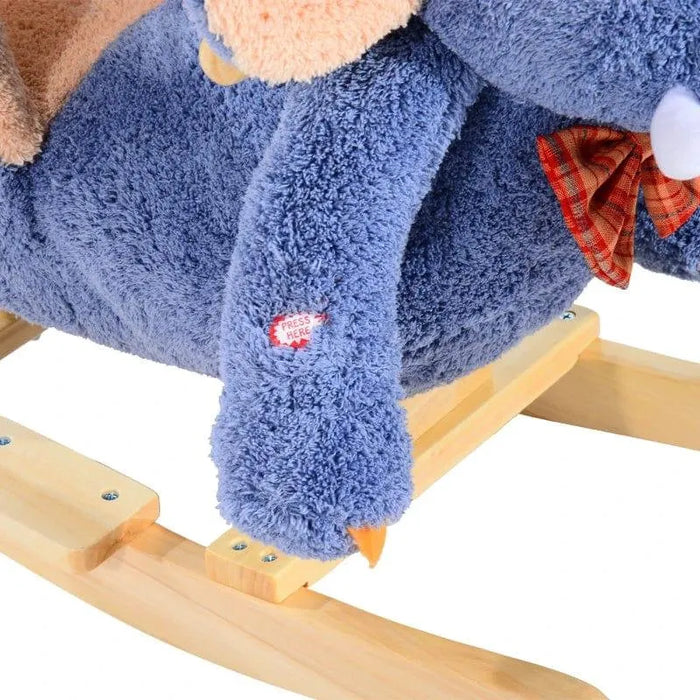 Blue plush elephant rocking horse with wooden base and red checkered bow tie