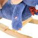 Blue plush elephant rocking horse with wooden base and red checkered bow tie