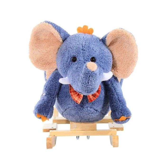 Blue plush elephant rocking horse with wooden base and plaid bow tie, nursery toy