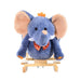 Blue plush elephant rocking horse with wooden base and plaid bow tie, nursery toy