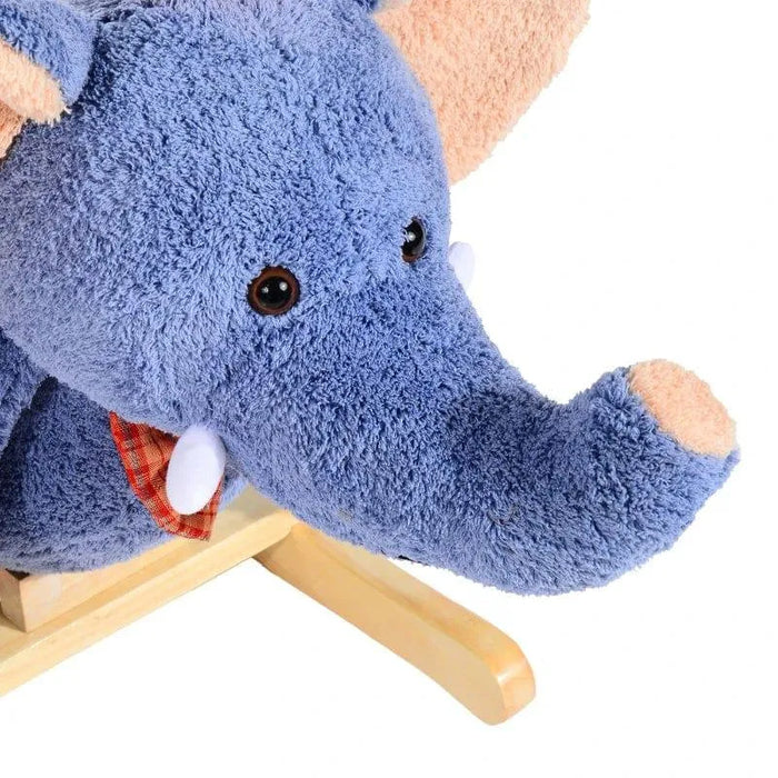 Blue plush elephant rocking horse with light wood base and plaid bow for kids