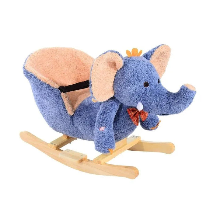Blue plush elephant rocking horse with wooden rocker and red bow tie for kids