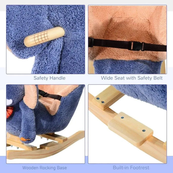 Blue plush elephant rocking horse with safety handle, wide seat, safety belt, wooden rocker base, and built-in footrest.