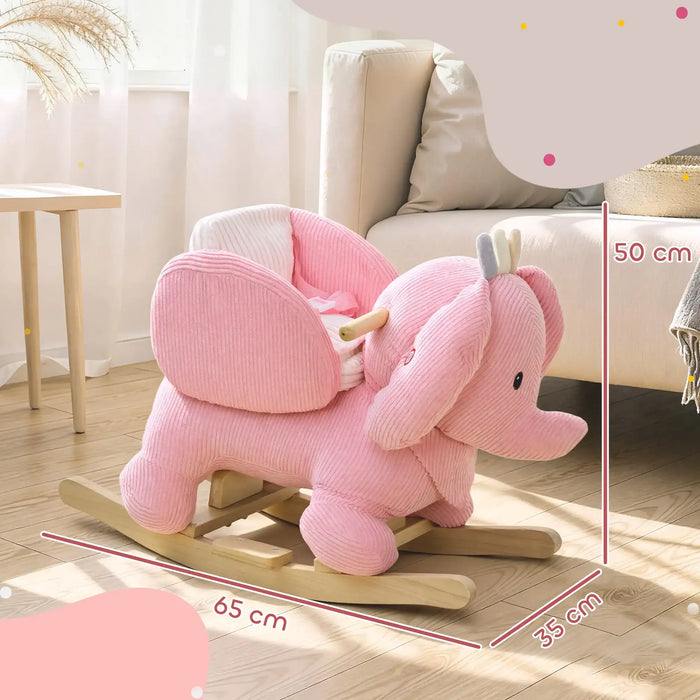 Pink elephant-shaped rocking toy in a room with a sofa and table.