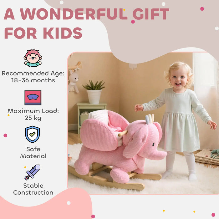 Pink elephant ride-on toy with child in a room, recommended for ages 18-36 months.