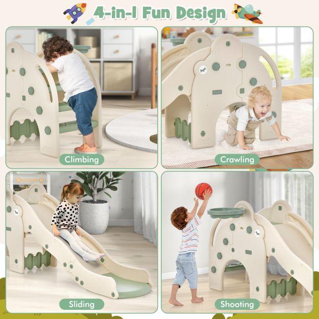 Elephant Shaped Play Slide with Basketball Hoop and Tunnel in Green - Little and Giant Explorers Costway