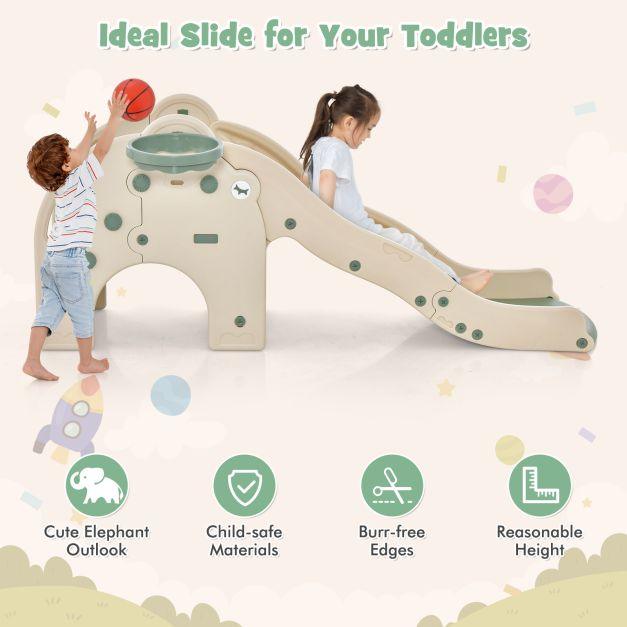 Elephant Shaped Play Slide with Basketball Hoop and Tunnel in Green - Little and Giant Explorers Costway