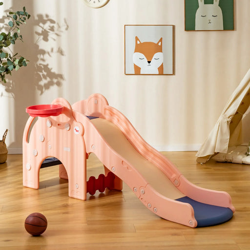 Elephant Shaped Play Slide with Basketball Hoop and Tunnel in Pink - Little and Giant Explorers Costway