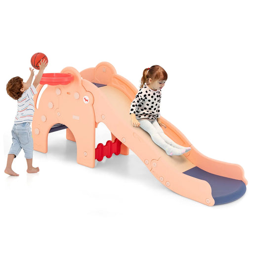 Elephant Shaped Play Slide with Basketball Hoop and Tunnel in Pink - Little and Giant Explorers Costway