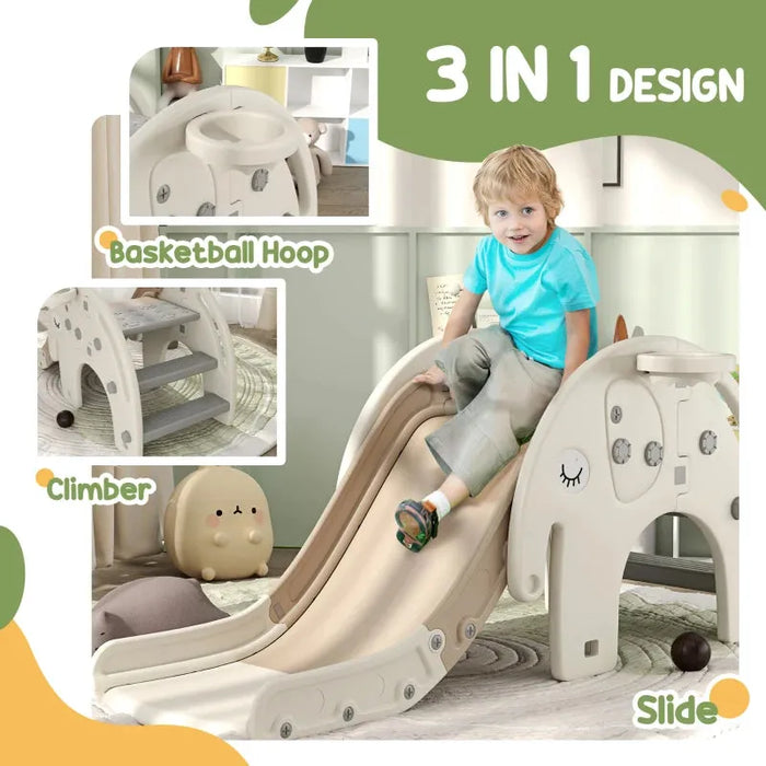 Elephant Themed 3-in-1 Toddler Slide with Basketball Hoop in Cream White - Little and Giant Explorers AIYAPLAY