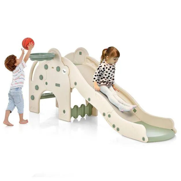 Kids playing on elephant-themed 4-in-1 toddler slide and basketball activity center