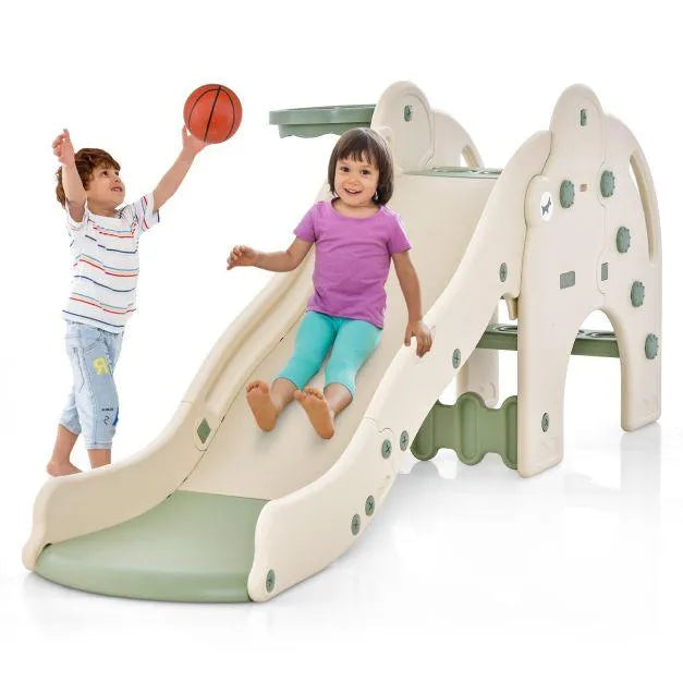 Kids playing on elephant-themed 4-in-1 play slide and activity center with tunnel