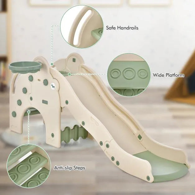 Elephant-themed toddler slide with tunnel, safe handrails, anti-slip steps, and wide platform.