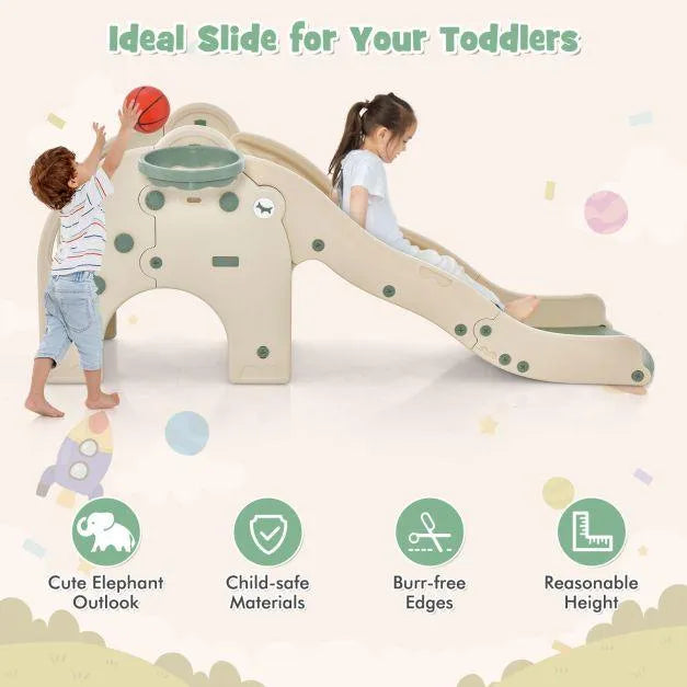Elephant-themed toddler activity center with slide, basketball hoop, and child safety features.