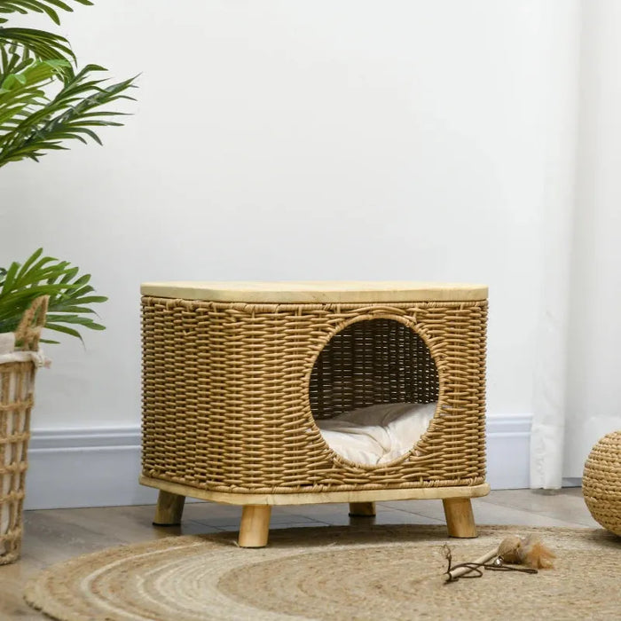 Elevated Design Wicker Cat House with Washable Cushion - Little and Giant Explorers PawHut