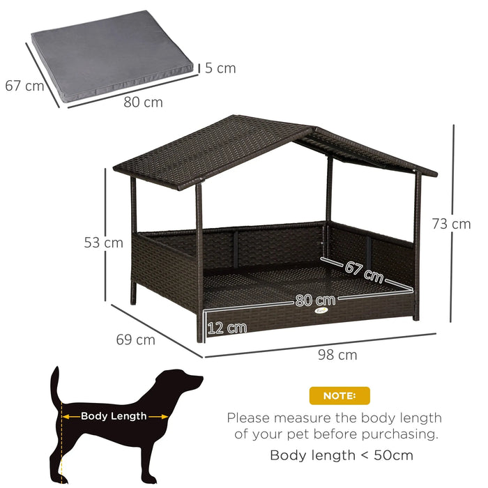 Elevated Rattan Dog House with Removable Cushion and Canopy - Little and Giant Explorers PawHut