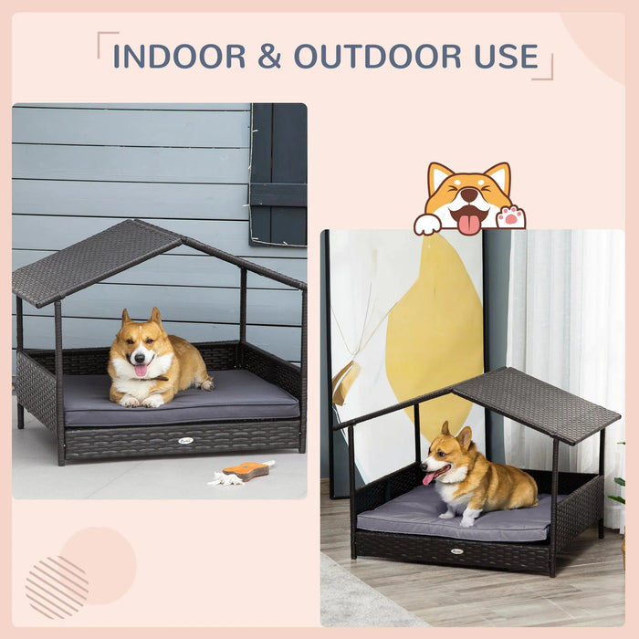 Elevated Rattan Dog House with Removable Cushion and Canopy - Little and Giant Explorers PawHut