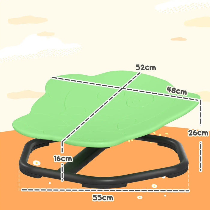 Green leaf-shaped seat with measurements on an orange background