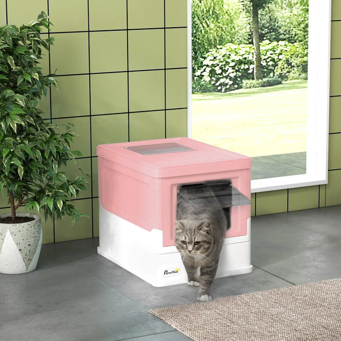 Hooded Cat Litter Box with Scoop and Front Entry in Pink - Little and Giant Explorers PawHut