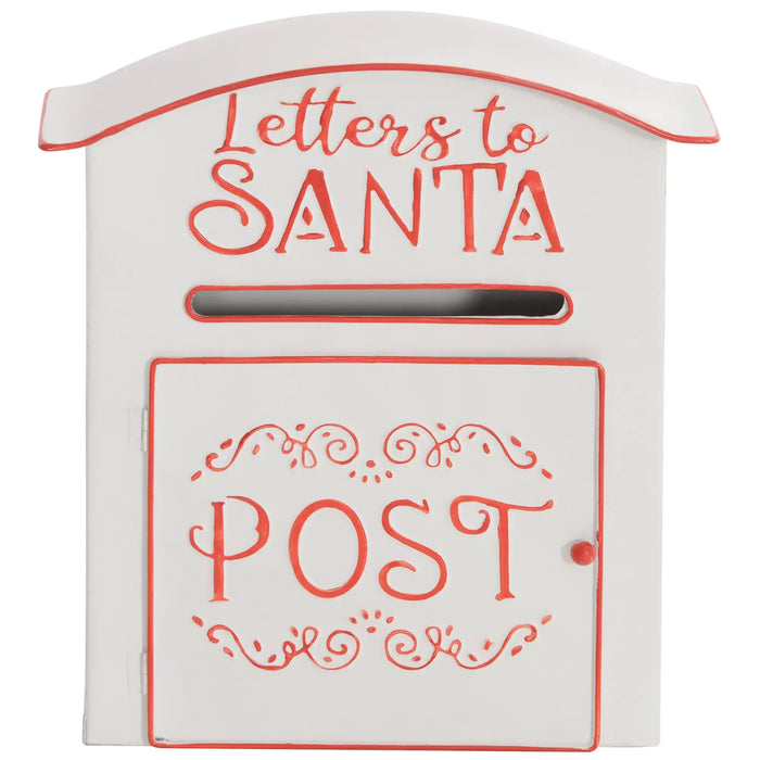 White wooden mailbox with red trim labeled 'Letters to Santa' and 'Post' for Christmas mail