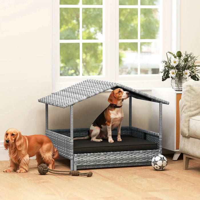 Extendable Elevated Dog Bed | Rattan Dog House with Cushion - Little and Giant Explorers PawHut