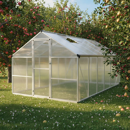 Large aluminium polycarbonate greenhouse in lush orchard with apple trees