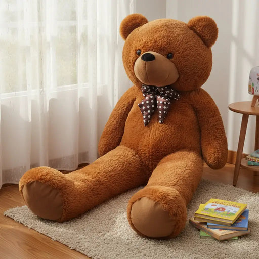 Large brown teddy bear with a bow tie sitting on a carpeted floor.